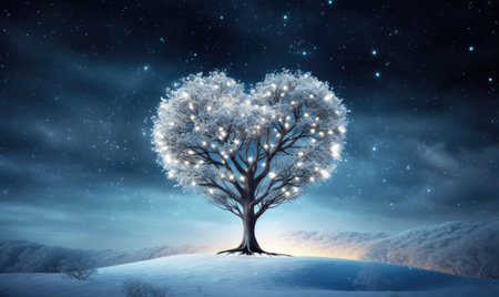 Heart shaped tree in winter landscape with snow. 3D Renderingの素材
