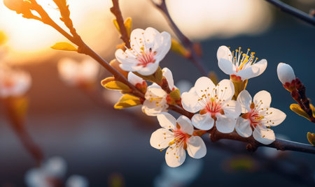 Beautiful blooming branch of apricot tree in the rays of the setting sunの素材