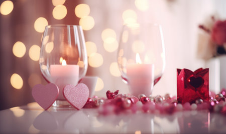 Valentine's day table setting with candles and hearts on bokeh backgroundの素材