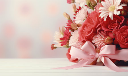 Bouquet of beautiful flowers with ribbon on wooden table, closeupの素材