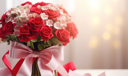 Bouquet of red and white roses with a bow on a light backgroundの素材