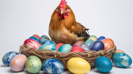 Chicken and colorful easter eggs on white background. Happy Easter.の素材