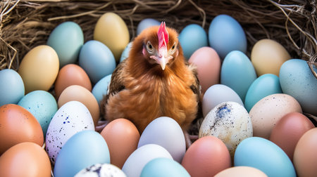 chicken and easter eggs in a nest, easter backgroundの素材