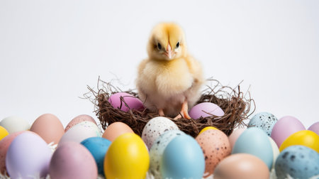 Easter eggs and chicken on white background. Happy Easter!の素材