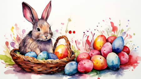Basket with Easter eggs and bunny. Watercolor painting style.の素材