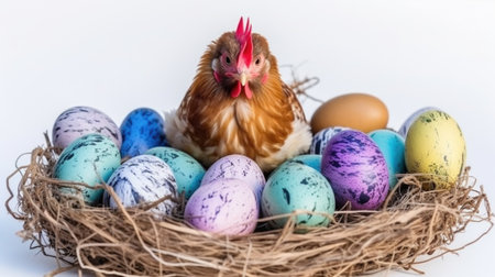 Easter eggs in a nest with a chicken on a white backgroundの素材