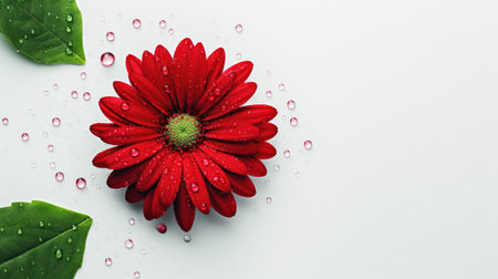 Red gerbera flower on white background with water drops. Top viewの素材