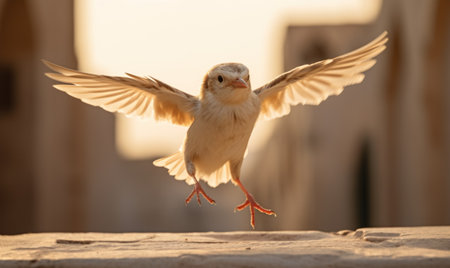 beautiful bird with spread wings on a background of the setting sunの素材