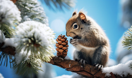 Cute squirrel on fir tree branch with pine cone in winter forestの素材