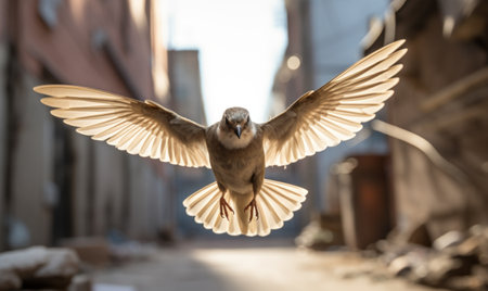 Pigeon flying in the air on the background of the cityの素材