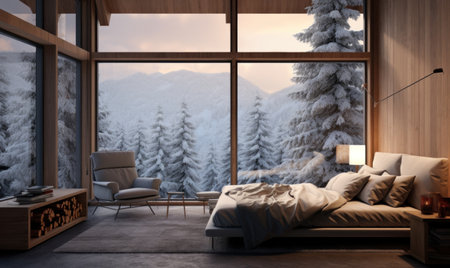 render interior of modern living room with large window overlooking the winter forestの素材