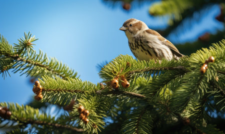 redpoll sitting on a branch of a spruce in the forestの素材