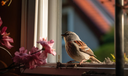 Sparrow sitting on a window sill with flowers in the backgroundの素材