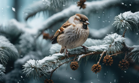 Sparrow sits on a branch of a Christmas tree in the snowの素材