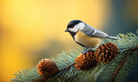 Blue tit tit on a fir branch with cones in the autumn forest.の素材