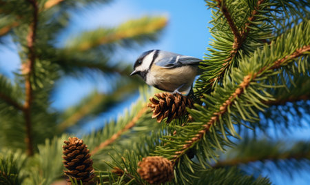 Crested tit on a branch of a coniferous treeの素材