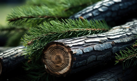 Pine branches on the background of wooden logs.の素材