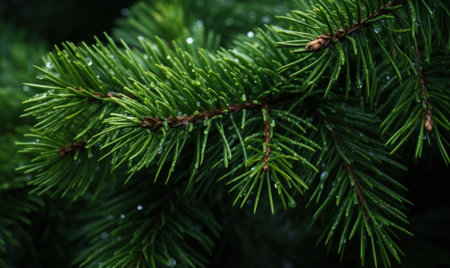 Fir branches with water drops, close-up. Nature backgroundの素材