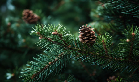 Pine tree branch with cones close-up. Nature background.の素材