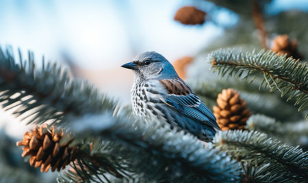Blue jay sitting on a branch of a Christmas tree with conesの素材