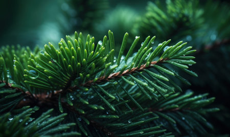 Green spruce branches with dew drops close-up. Natural backgroundの素材