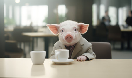 Portrait of a pig in a business suit sitting at a tableの素材