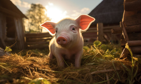 Cute little piglet on the farm in the evening light.の素材