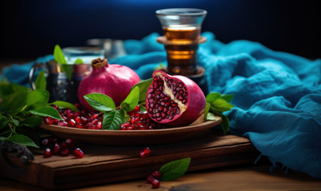 Ripe pomegranate fruit with leaves on a wooden background.の素材