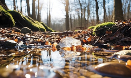 Plastic waste in a stream in the forest. Environmental pollution.の素材