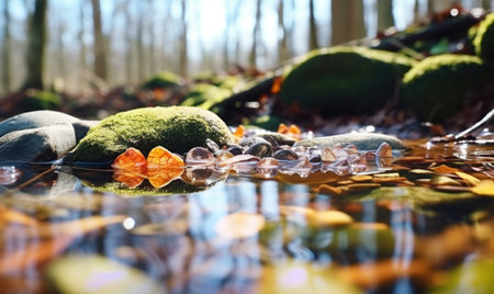 Autumn leaves and ice on the water in the forest. Selective focus.の素材