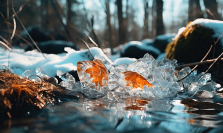 Fallen leaves in the ice on the river in the winter forestの素材