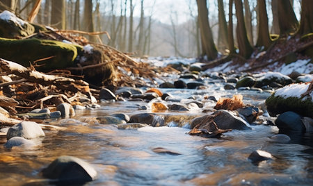 Stream in the forest. Beautiful early spring landscape with a river and stones.の素材