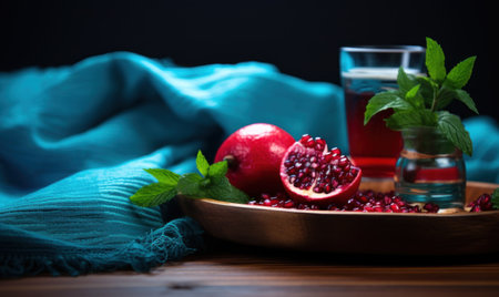 Ripe pomegranate fruit and glass of pomegranate juice on wooden tableの素材
