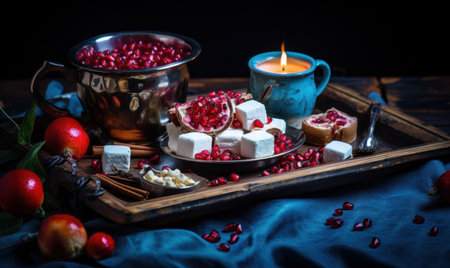 Still life with pomegranate and cup of tea on wooden backgroundの素材