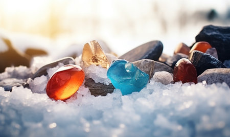 Colorful stones in the snow on the shore of the lake.の素材