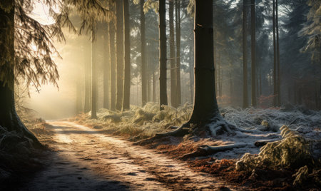 Beautiful winter sunrise in the forest with fog and sunbeamsの素材