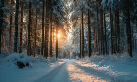 Winter road through the snowy forest at sunset. Beautiful winter landscape.の素材