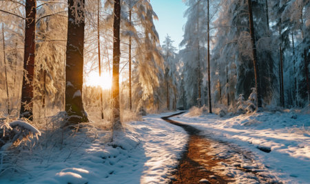 Snowy winter road through the forest at sunset. Beautiful winter landscape.の素材