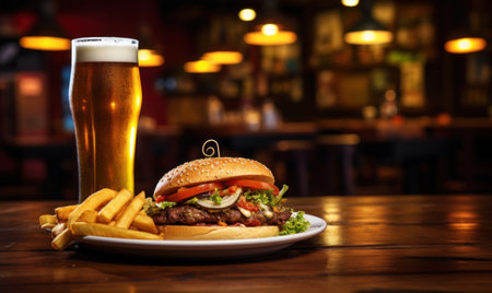 Cheese burger - American cheese burger with Golden French fries and a glass of beerの素材