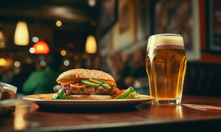 A hamburger with a glass of beer on a table in a pubの素材