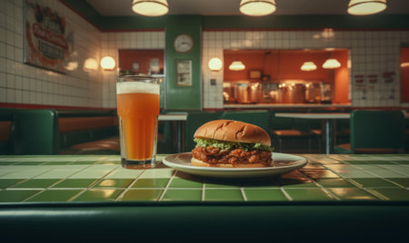 A hamburger and a glass of beer on a table in a pubの素材