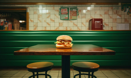 Hamburger on wooden table in fast food restaurant, vintage styleの素材