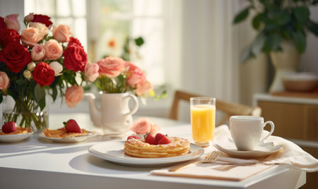 Breakfast in the kitchen with pancakes, coffee and flowers on the tableの素材