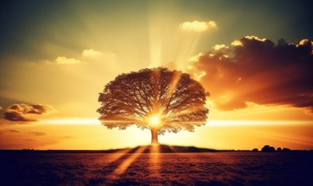 Lonely tree in the field at sunset. Vintage style.の素材