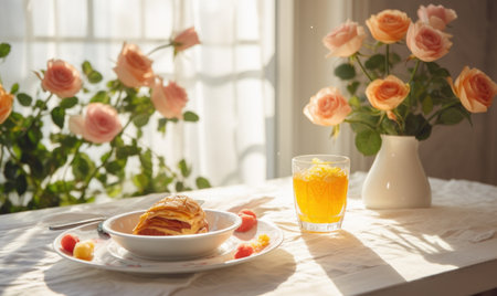 Breakfast with croissant, coffee and orange juice on the table in the morning.の素材