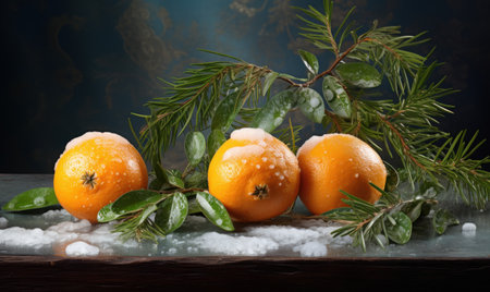 Christmas still life with tangerines, spruce branches and snowの素材