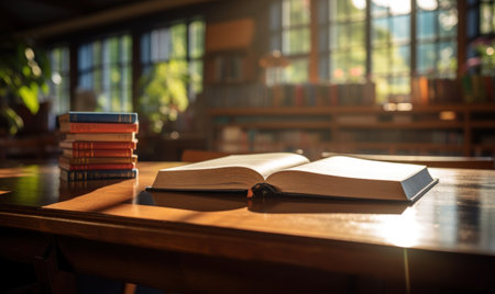Open book on a wooden table in a library. Education concept.の素材