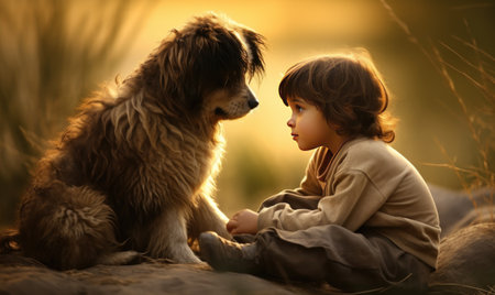 Little boy and his dog in the park at sunset. Friendship between dog and boy.の素材
