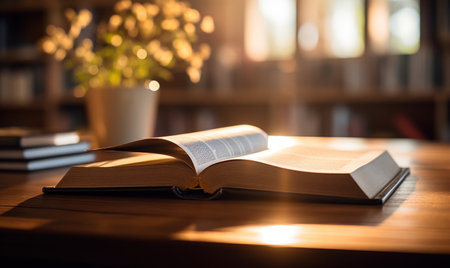 Open book on a wooden table in the library. Selective focus.の素材