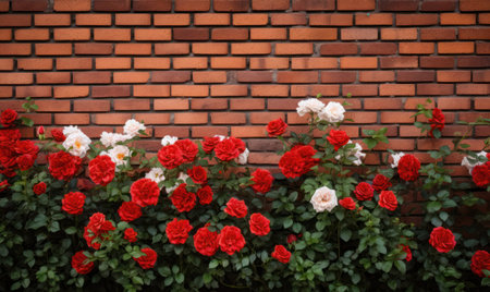 Red and white roses in the garden with red brick wall background.の素材